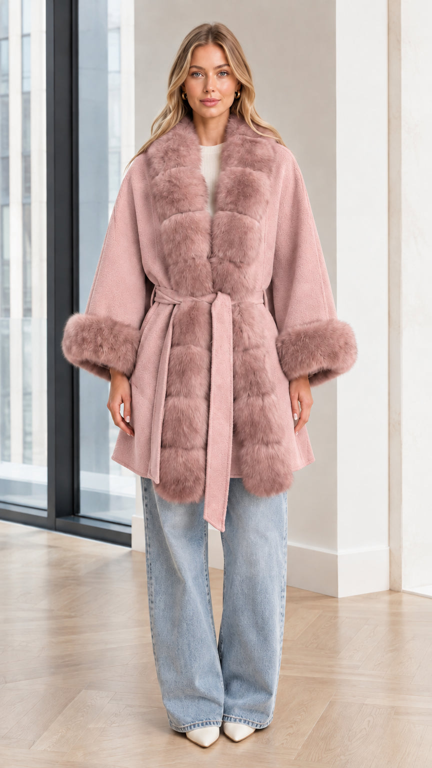 Model wearing Dusty Pink faux fur trim belted cape coat