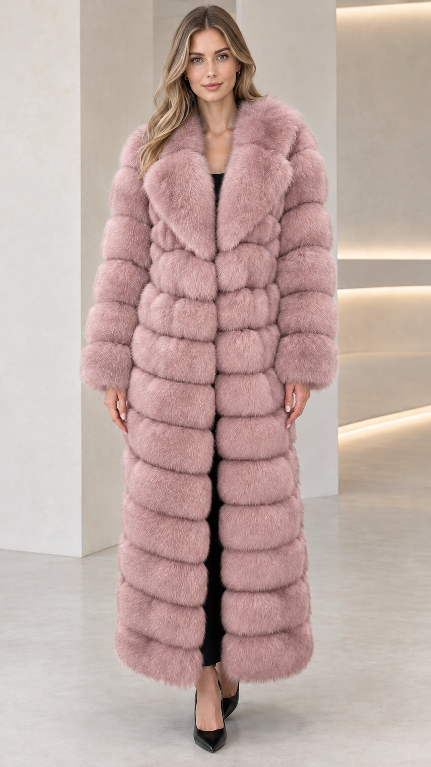 Full-length dusty pink paneled faux fur maxi coat front view