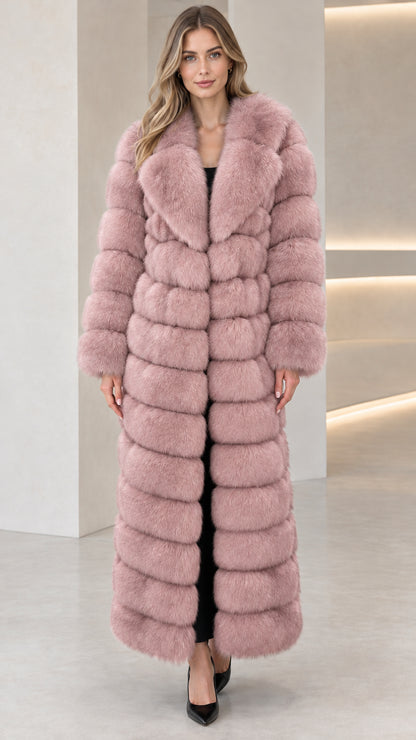 Full-length dusty pink paneled faux fur maxi coat front view