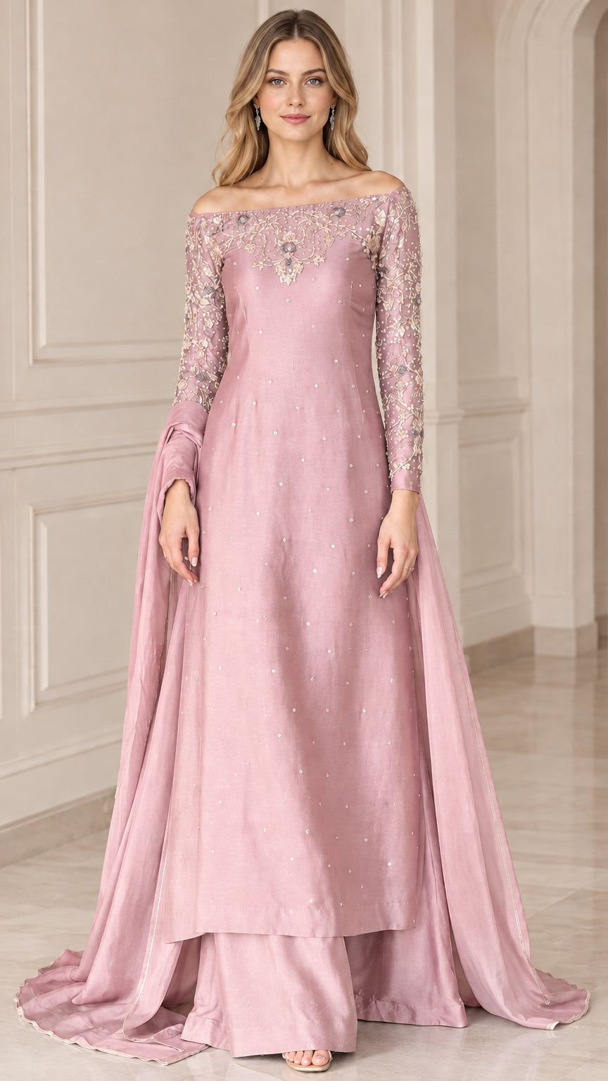 Dusty rose pink long sleeve embellished formal evening maxi dress set