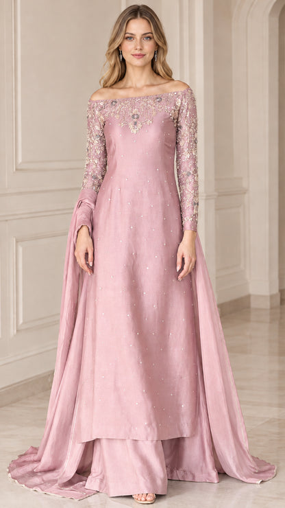 Dusty rose pink long sleeve embellished formal evening maxi dress set