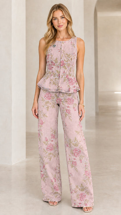 Dusty Pink floral denim matching peplum top and wide leg pants set