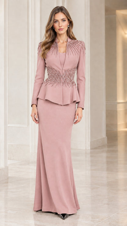 Front view of woman wearing dusty rose beaded peplum evening dress set
