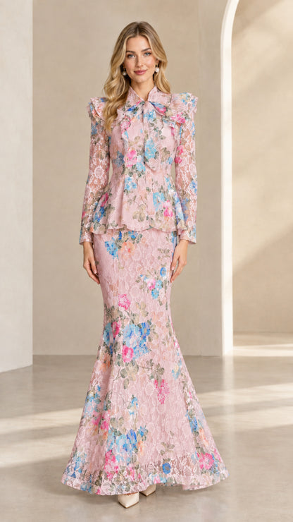 Dusty pink floral lace two-piece long-sleeve evening set