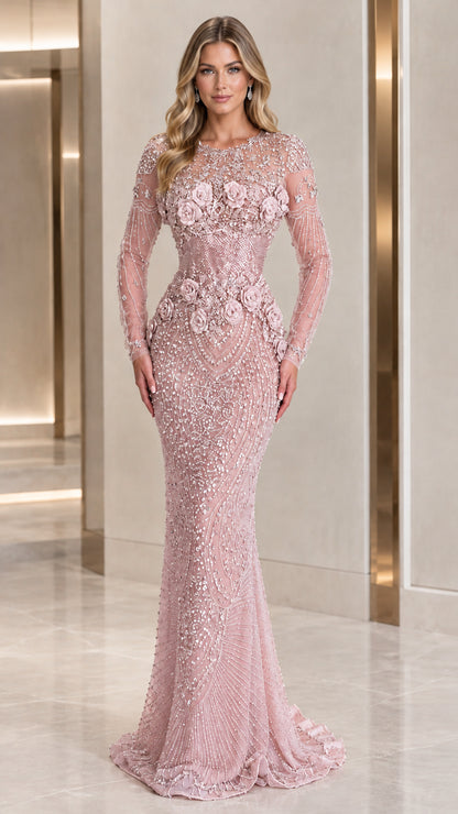 Blush pink long sleeve embellished evening gown with floral details