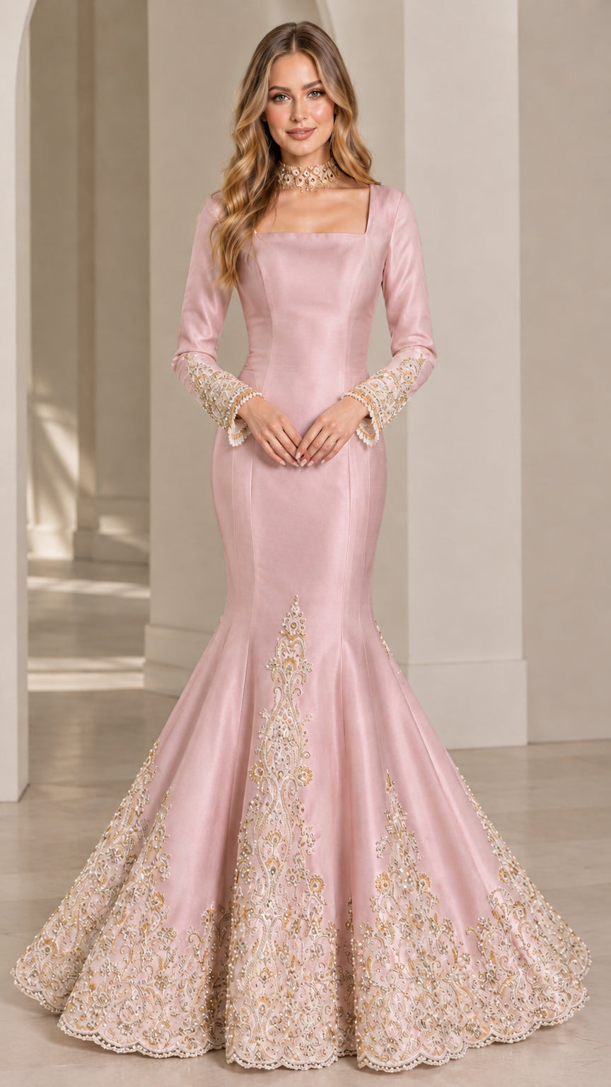 Front view of blush pink long sleeve mermaid formal dress with ornate gold embroidered detailing