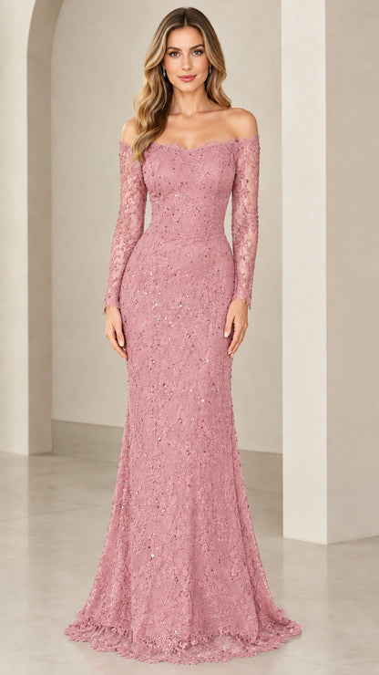 Front view of woman wearing dusty rose pink off-the-shoulder lace mermaid dress