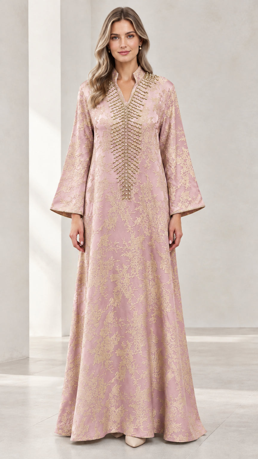 Dusty Pink metallic jacquard beaded neckline kaftan maxi dress