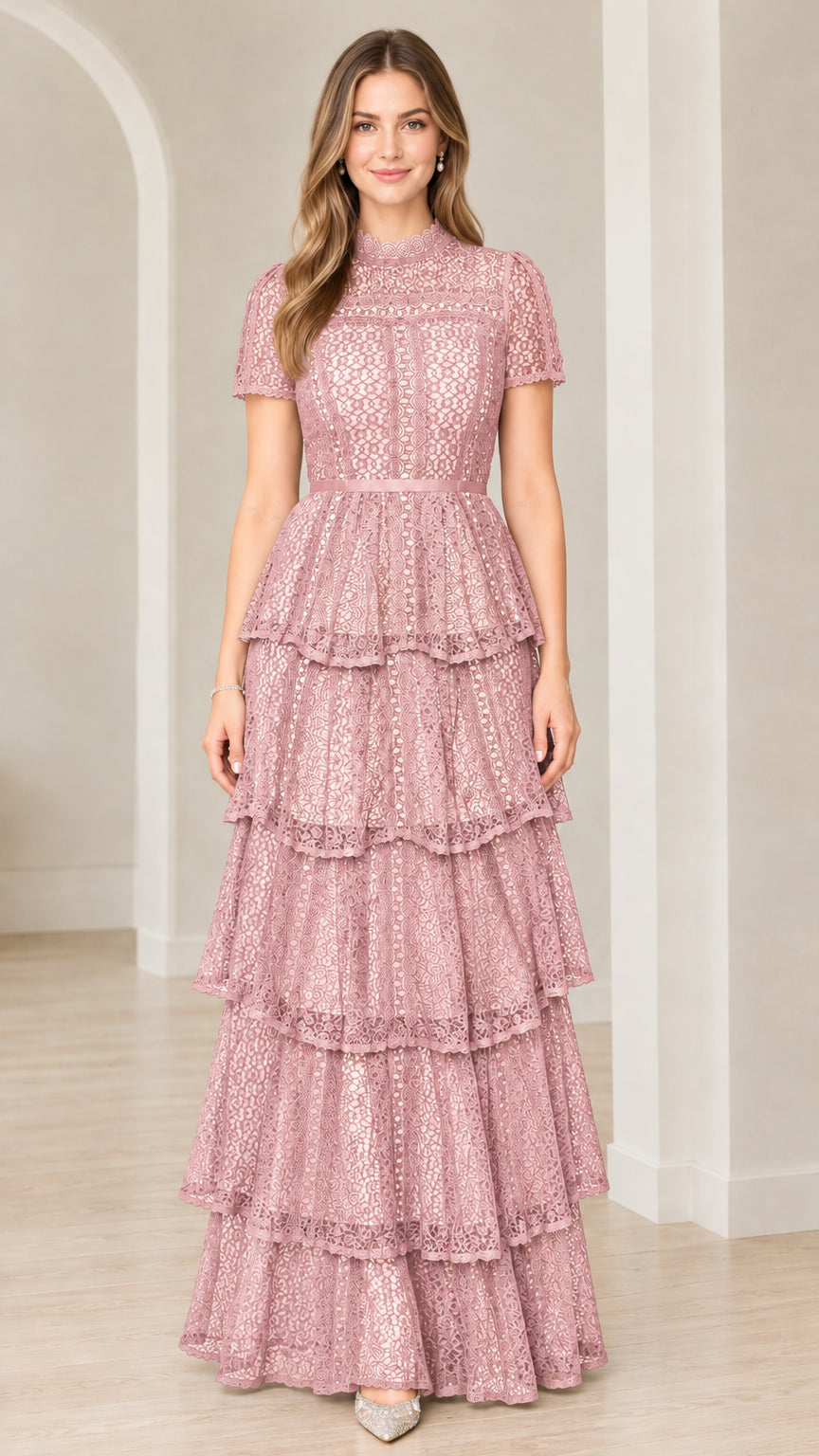 Front view of model wearing Dusty Rose short sleeve tiered lace evening dress