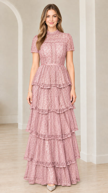 Front view of model wearing Dusty Rose short sleeve tiered lace evening dress