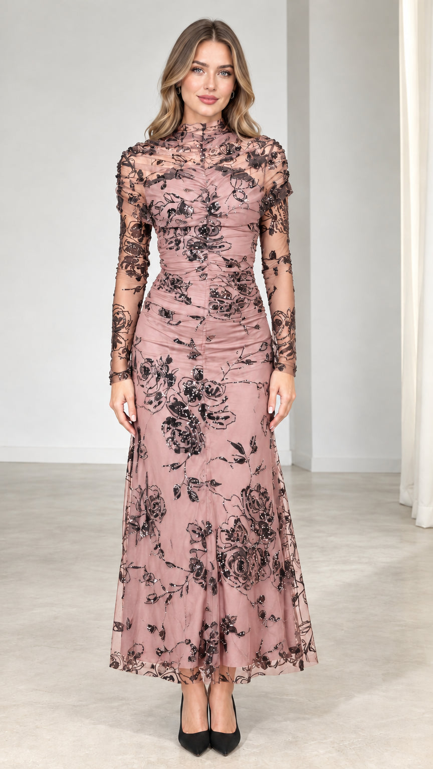 Dusty rose floral sequin embroidered long sleeve maxi formal dress
