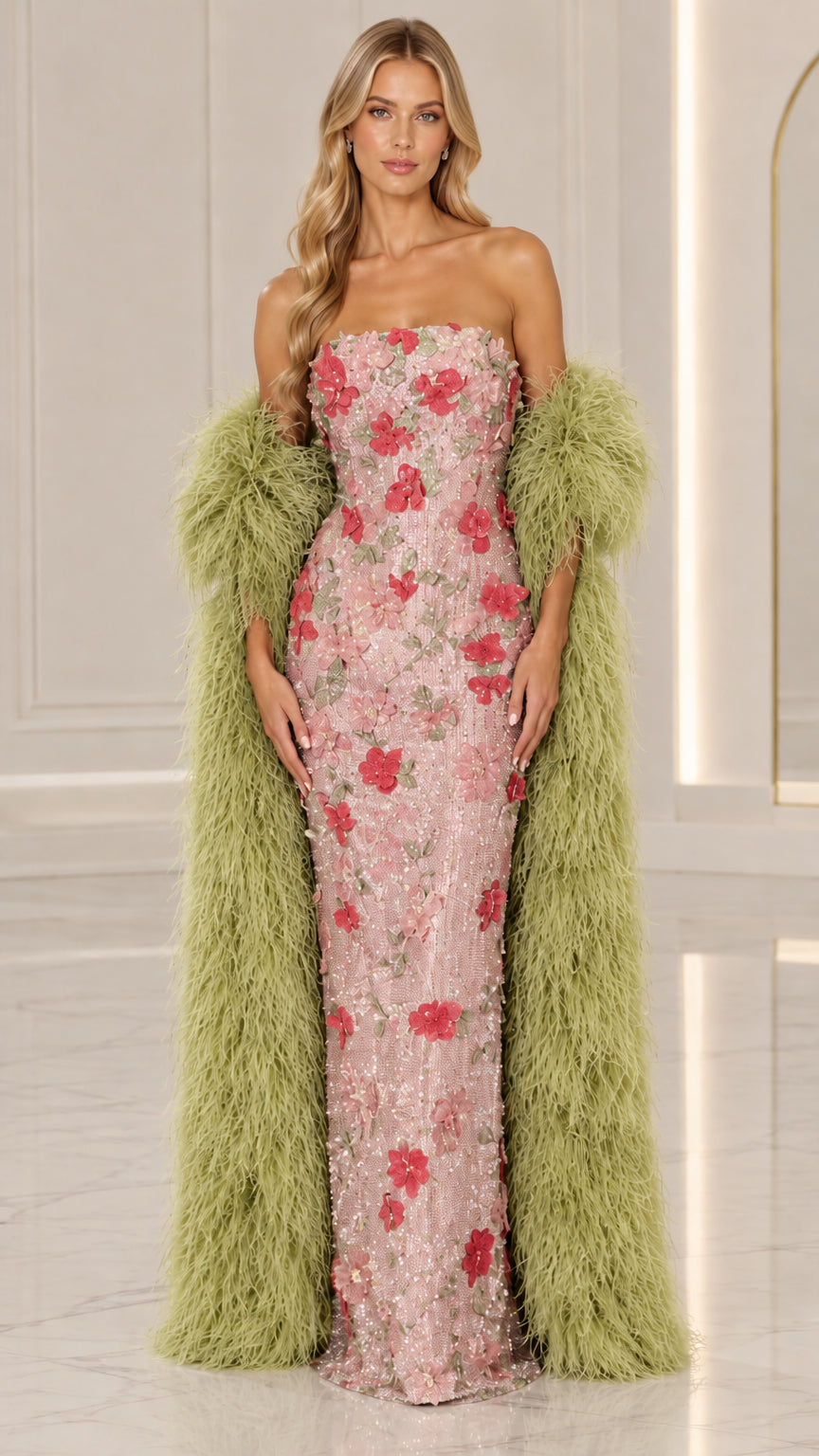 Model wearing Pink Floral strapless maxi evening dress with sage green wrap