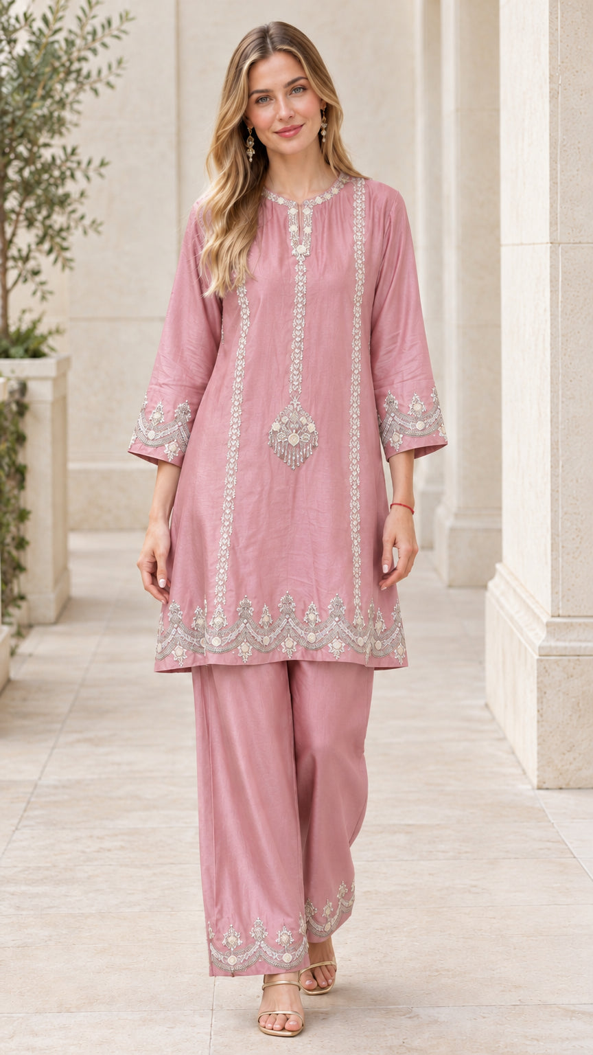 Front full-length view of dusty pink embroidered two-piece tunic and pant suit