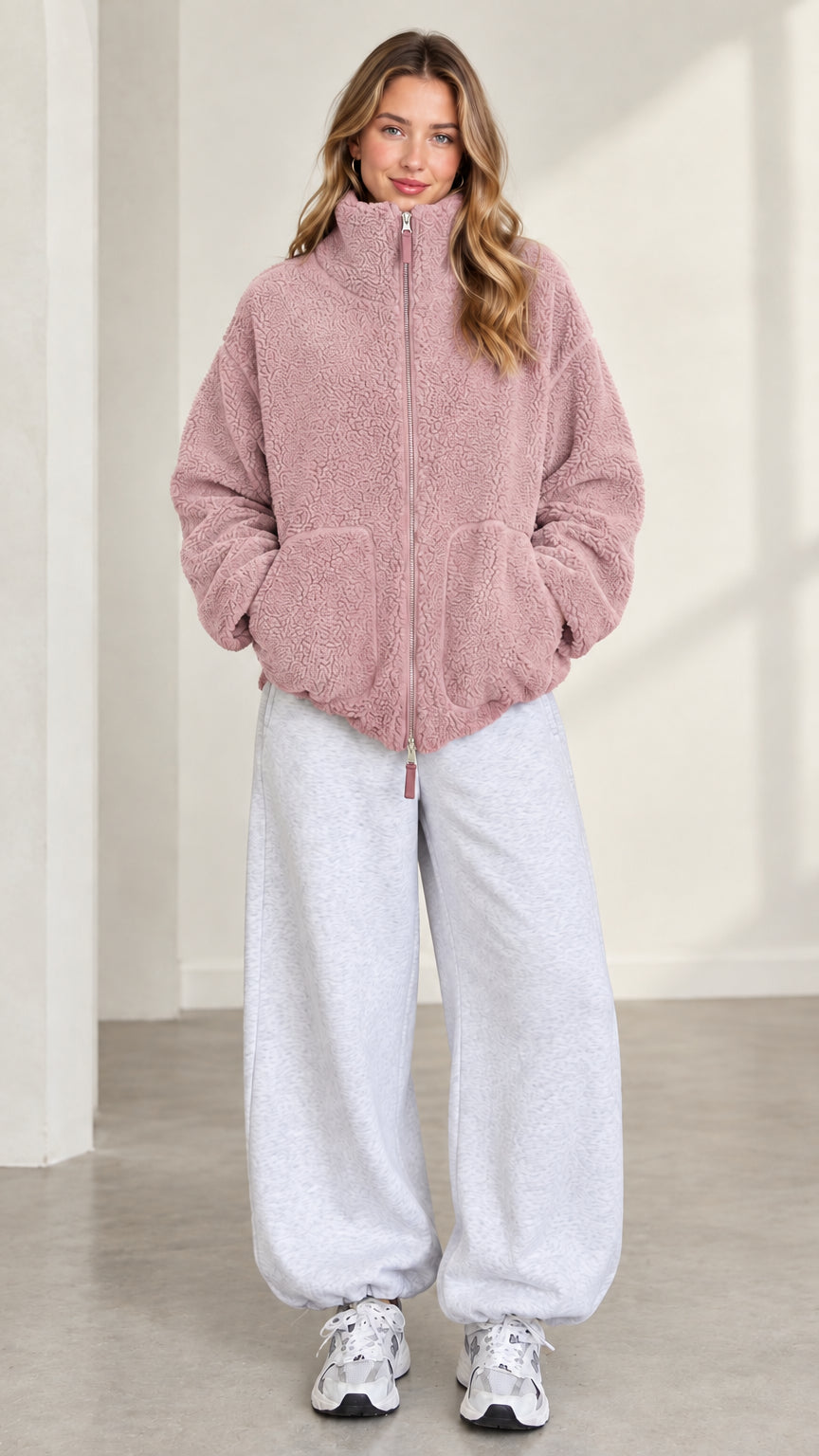 Front view of model wearing dusty pink plush teddy fleece jacket