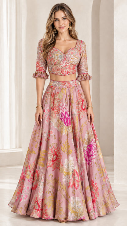 Front view of dusty pink floral print two-piece crop top and maxi skirt set