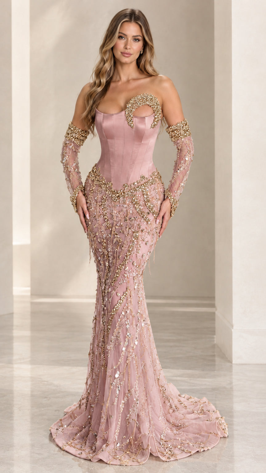 Blush pink corset mermaid gown with sparkling sequin embellishments