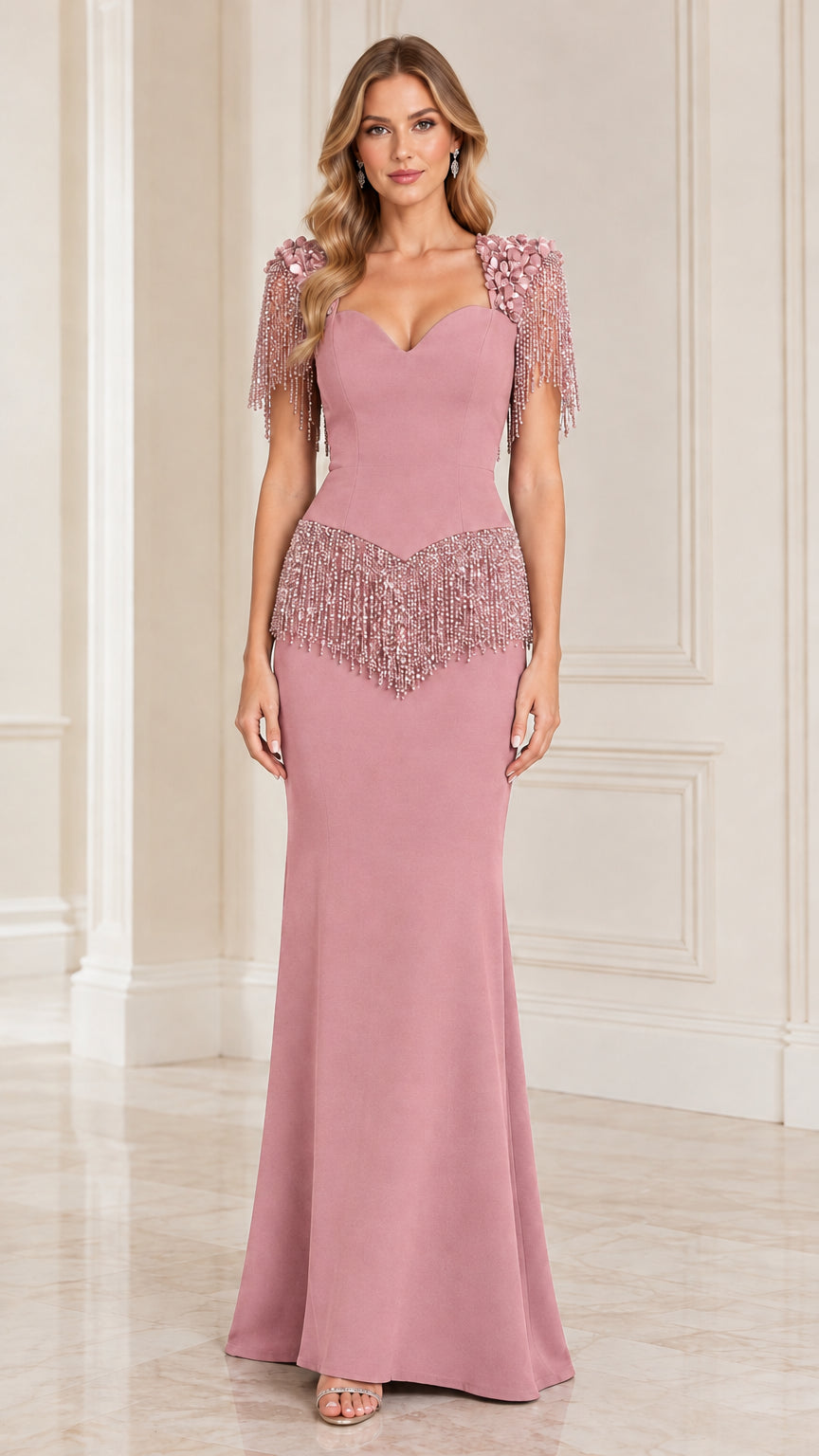Model wearing dusty pink mermaid evening dress with tonal beaded fringe accents
