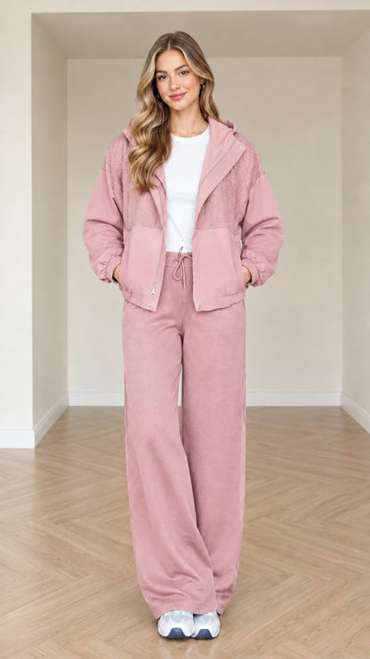 Model wearing dusty pink women's two-piece casual lounge set