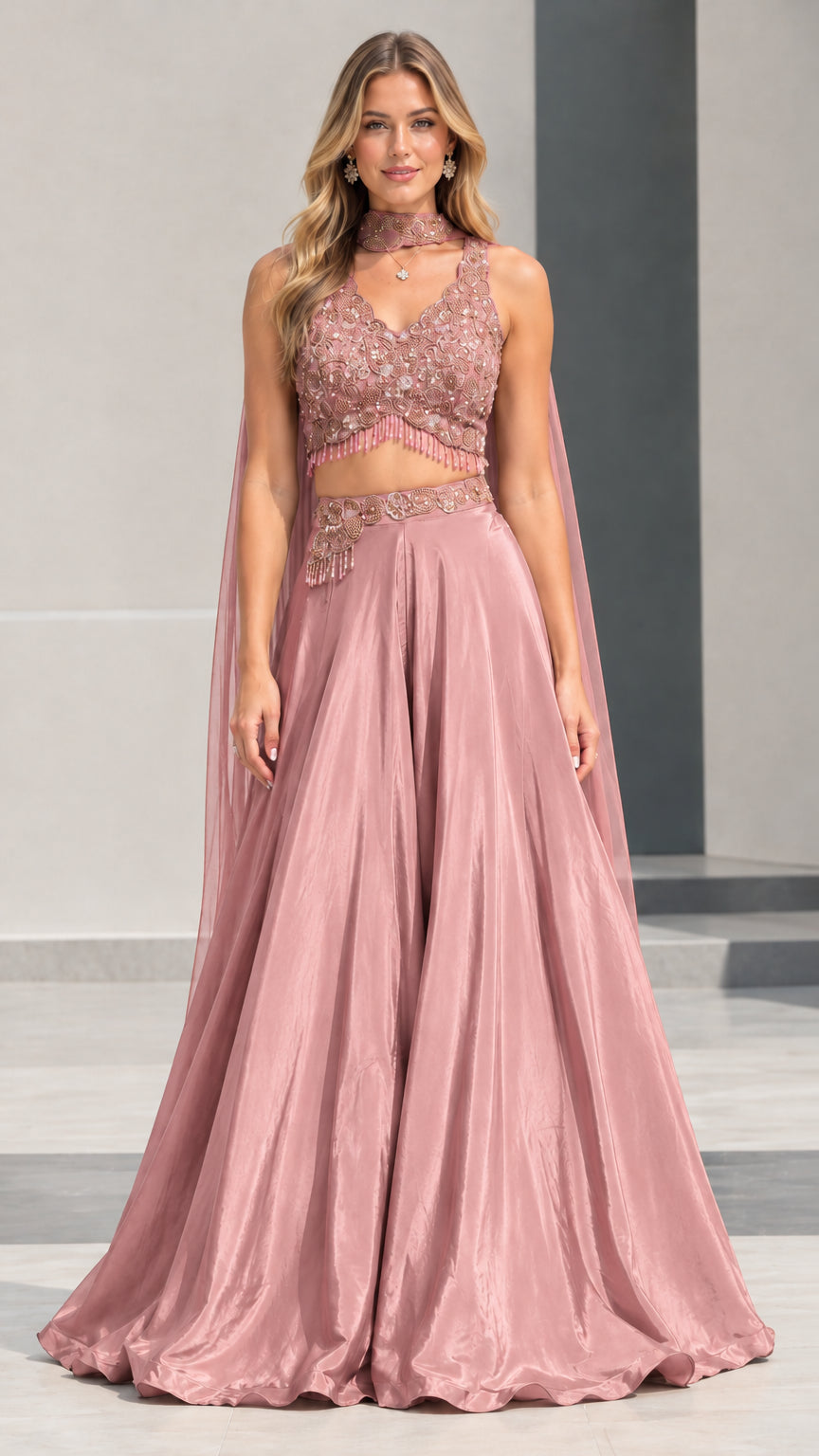 Dusty pink embellished two-piece evening gown set with attached shoulder cape