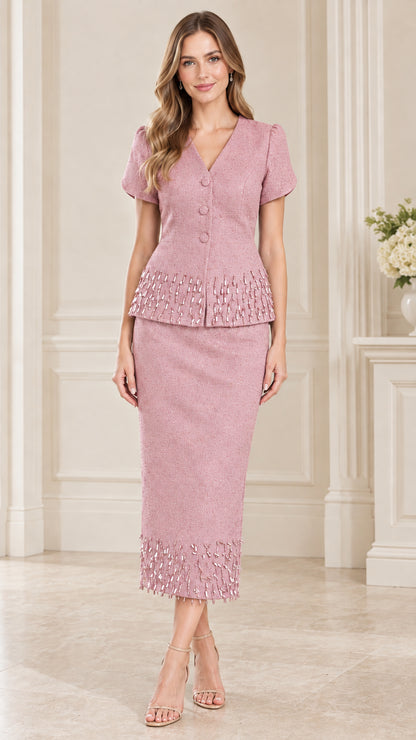 Front full-length view of dusty pink beaded short sleeve two-piece skirt suit set