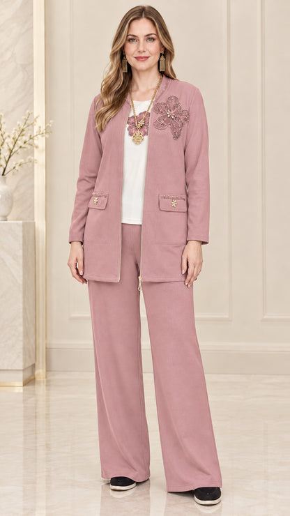 Full front view of women's dusty rose two-piece floral embellished pants set