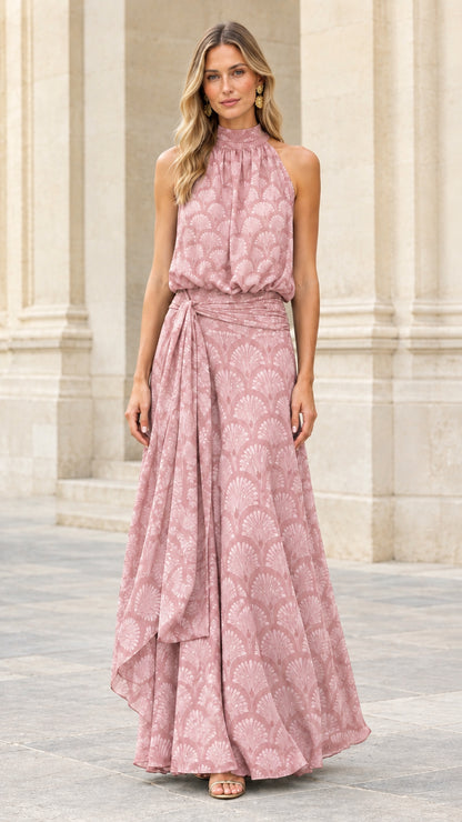 Front view of blush pink halter neck pleated evening maxi dress