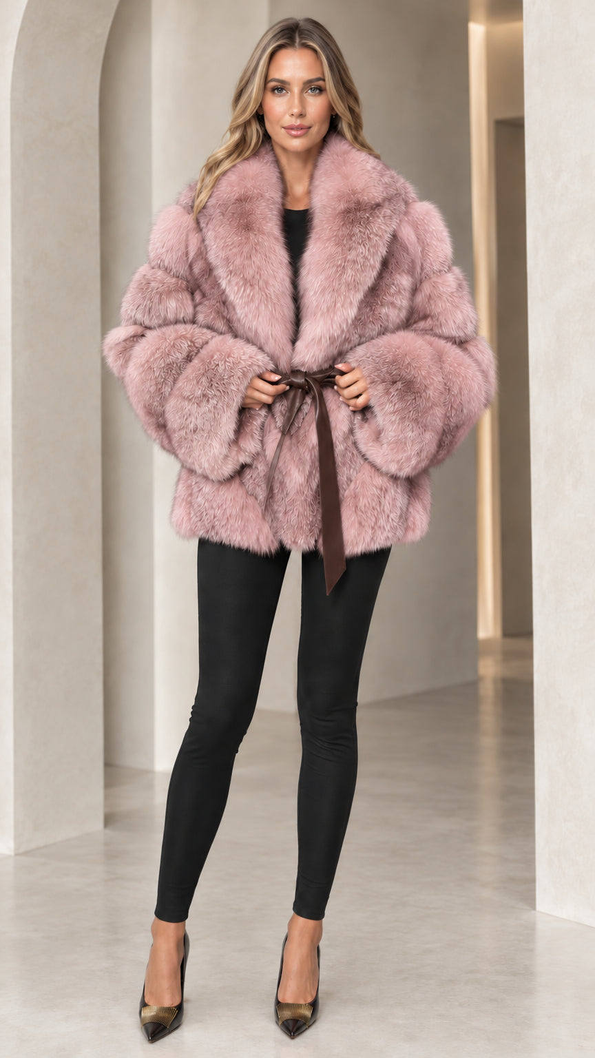 Front full view of woman wearing Dusty Pink faux fur belted wrap coat