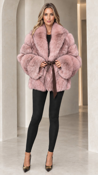 Front full view of woman wearing Dusty Pink faux fur belted wrap coat