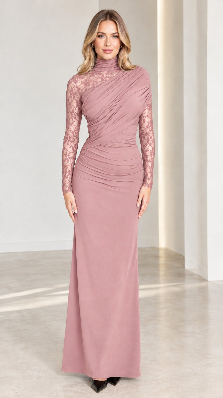 Front view of model wearing Dusty Rose lace sleeve ruched evening maxi dress
