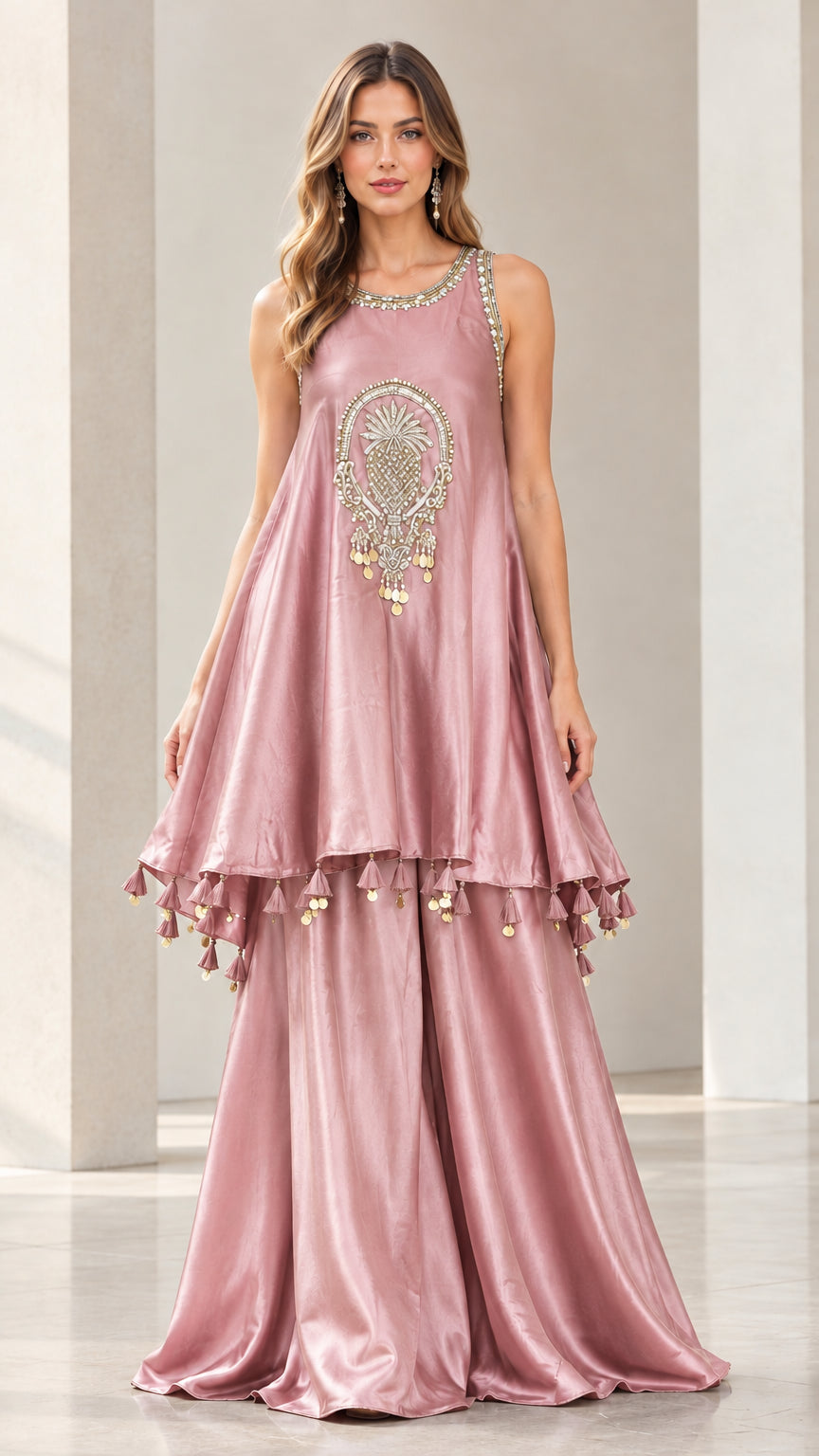 Front view of woman wearing Dusty Rose satin tunic top and matching wide-leg trousers set