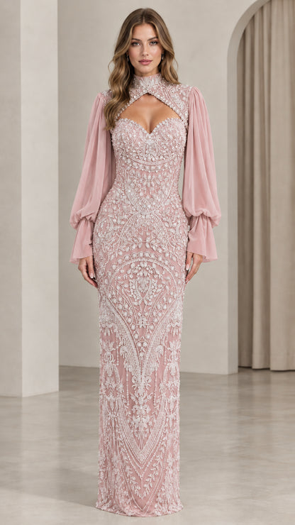 Dusty pink embellished high-neck gown with romantic pink bishop sleeves