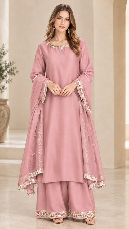 Dusty pink 3-piece embroidered ethnic kurta palazzo set