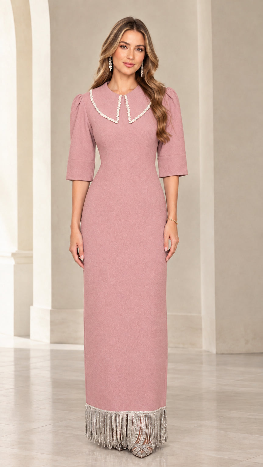 Front view of dusty pink pearl collar maxi evening dress with fringe trim