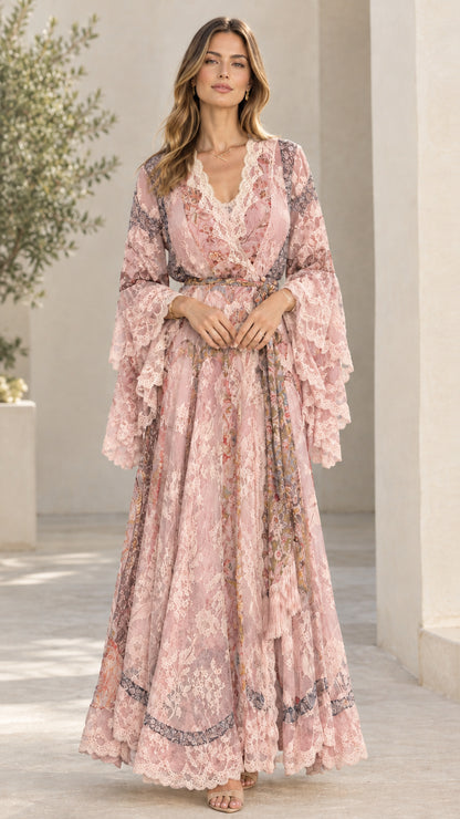 Blush pink vintage floral lace A-line evening dress