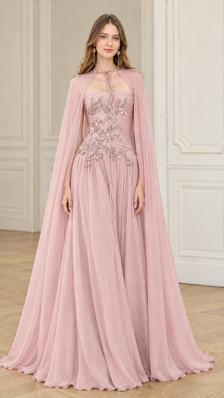Dusty pink strapless beaded formal gown with coordinating sheer chiffon cape