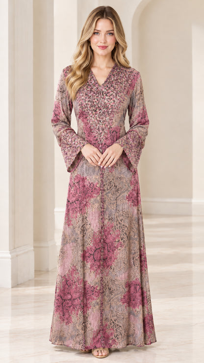 Front view of woman wearing dusty rose floral print long sleeve maxi dress