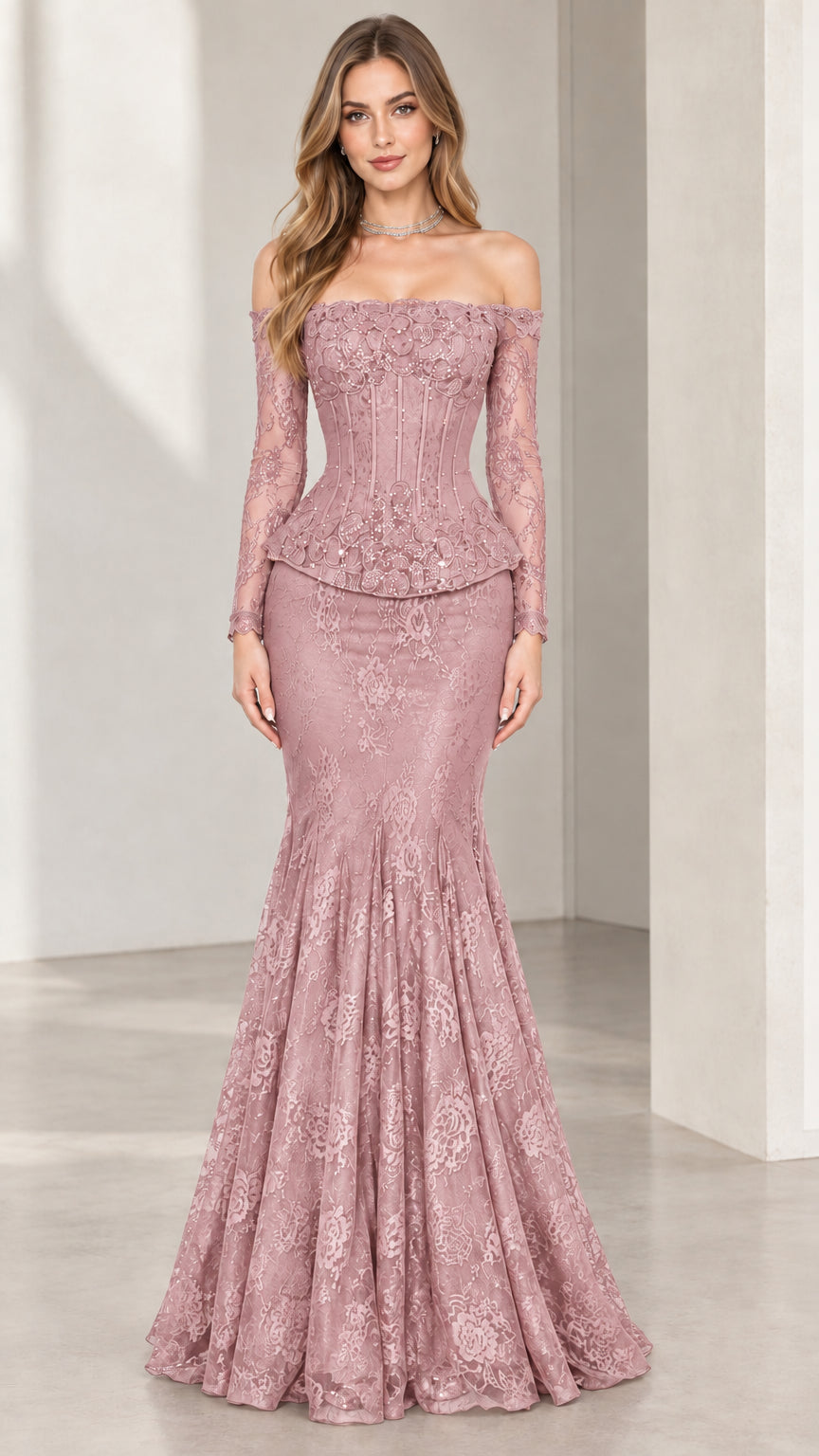 Full-length front view of woman wearing dusty rose lace mermaid evening gown