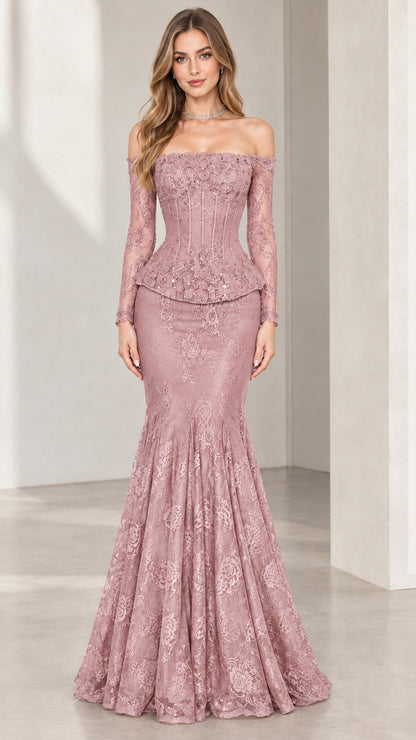 Full-length front view of woman wearing dusty rose lace mermaid evening gown