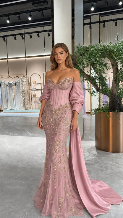 Dusty Pink sweetheart corset mermaid gown with gold sequin embroidery and cape