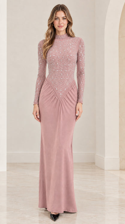 Front view of dusty rose pink rhinestone mock neck formal gown