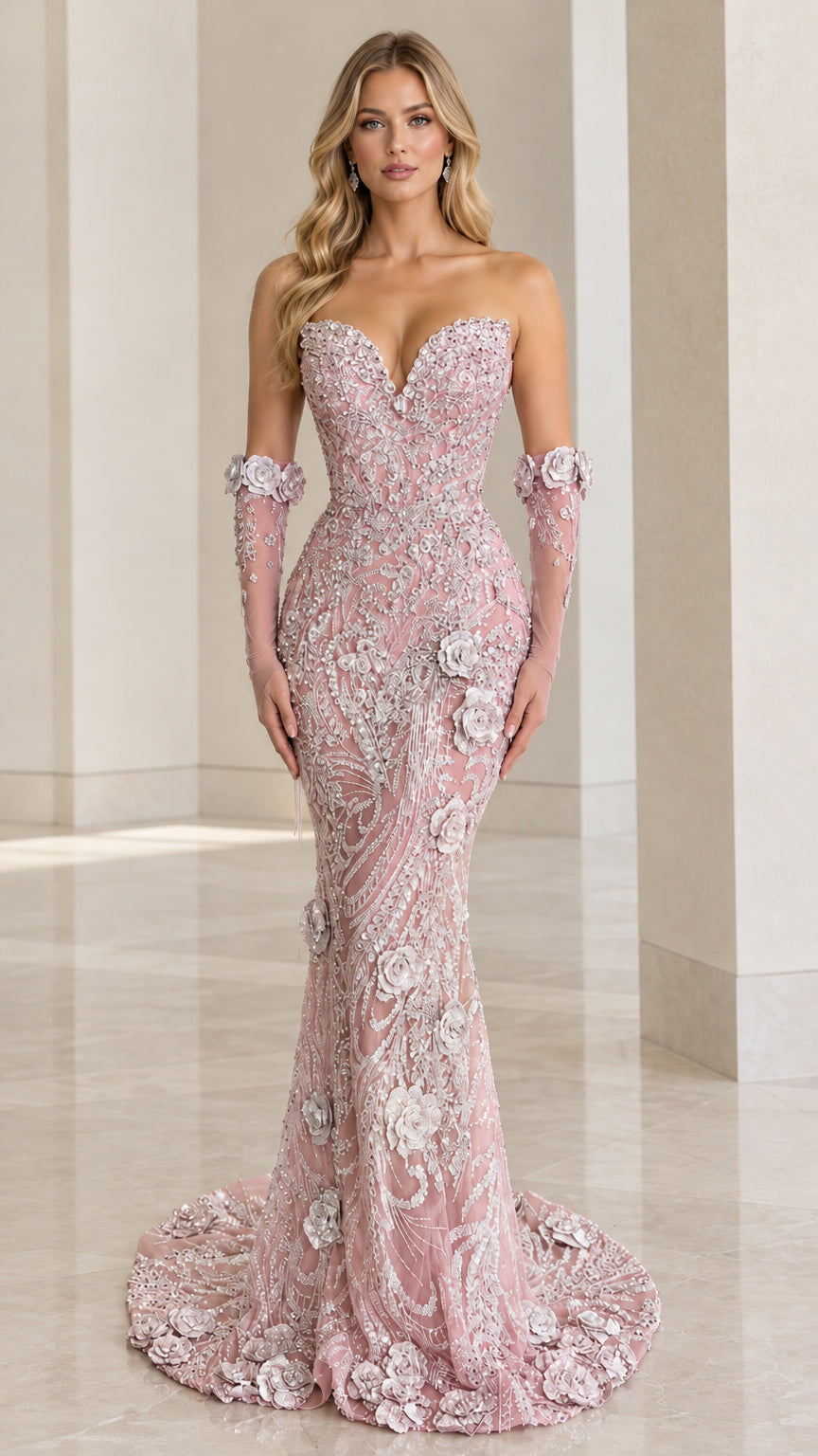 Blush pink beaded floral mermaid formal gown with detachable sleeves