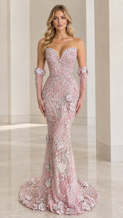 Blush pink beaded floral mermaid formal gown with detachable sleeves