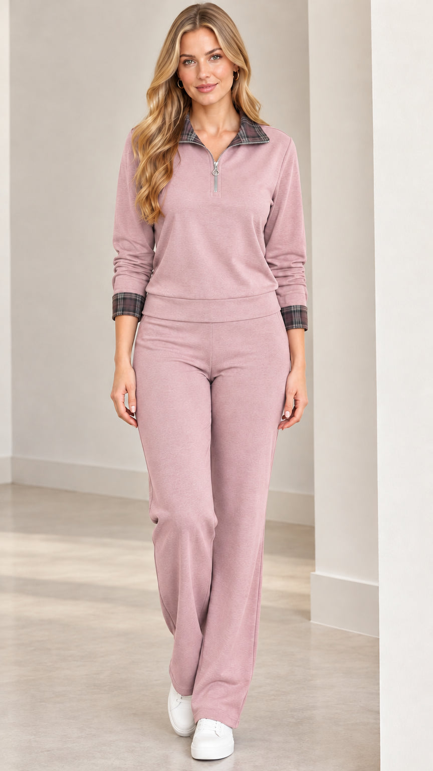 Dusty rose women's two-piece half-zip lounge set with plaid trim