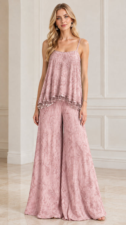 Dusty rose sequin camisole and wide-leg trousers two-piece evening set
