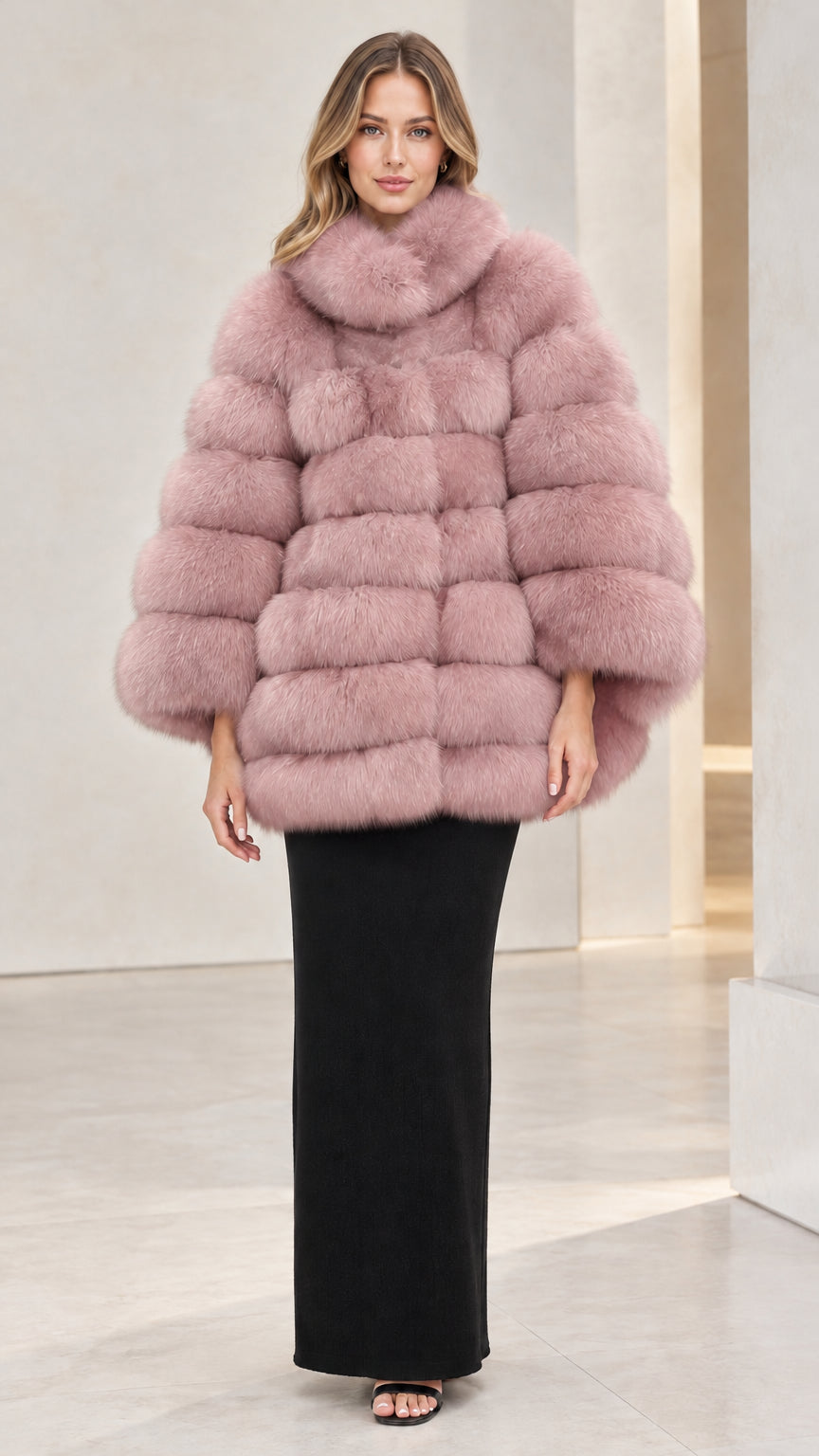 Full front view of dusty pink tiered stand collar faux fur cape coat