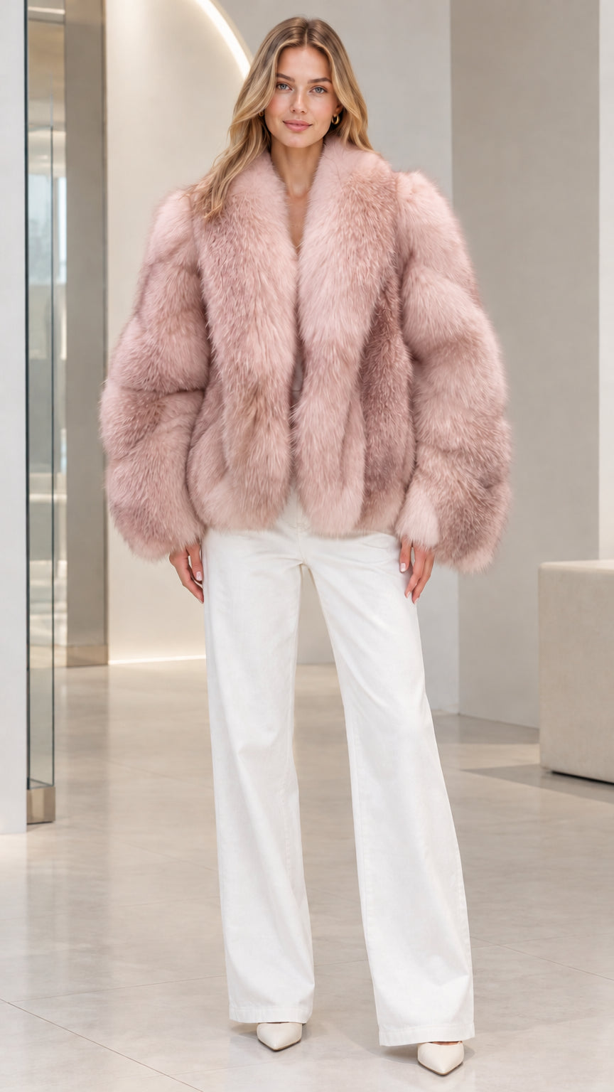 Front view of model wearing Blush Pink plush faux fur jacket