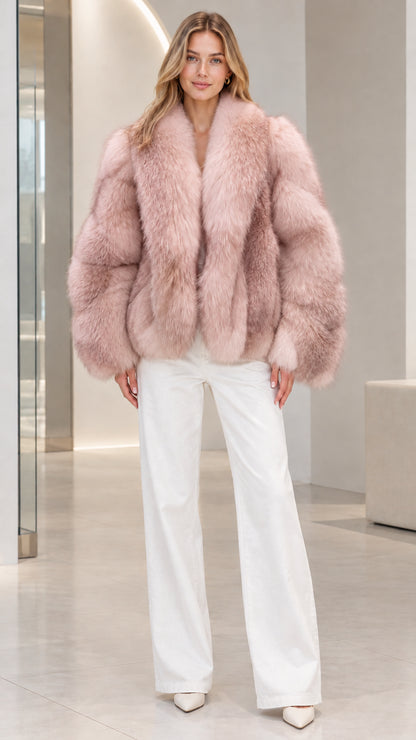 Front view of model wearing Blush Pink plush faux fur jacket