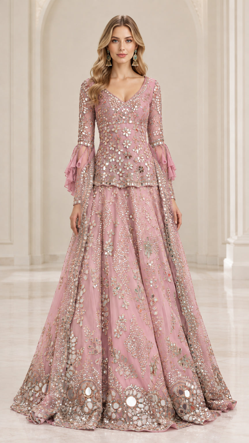 Front view of model wearing Blush Pink embroidered peplum formal set