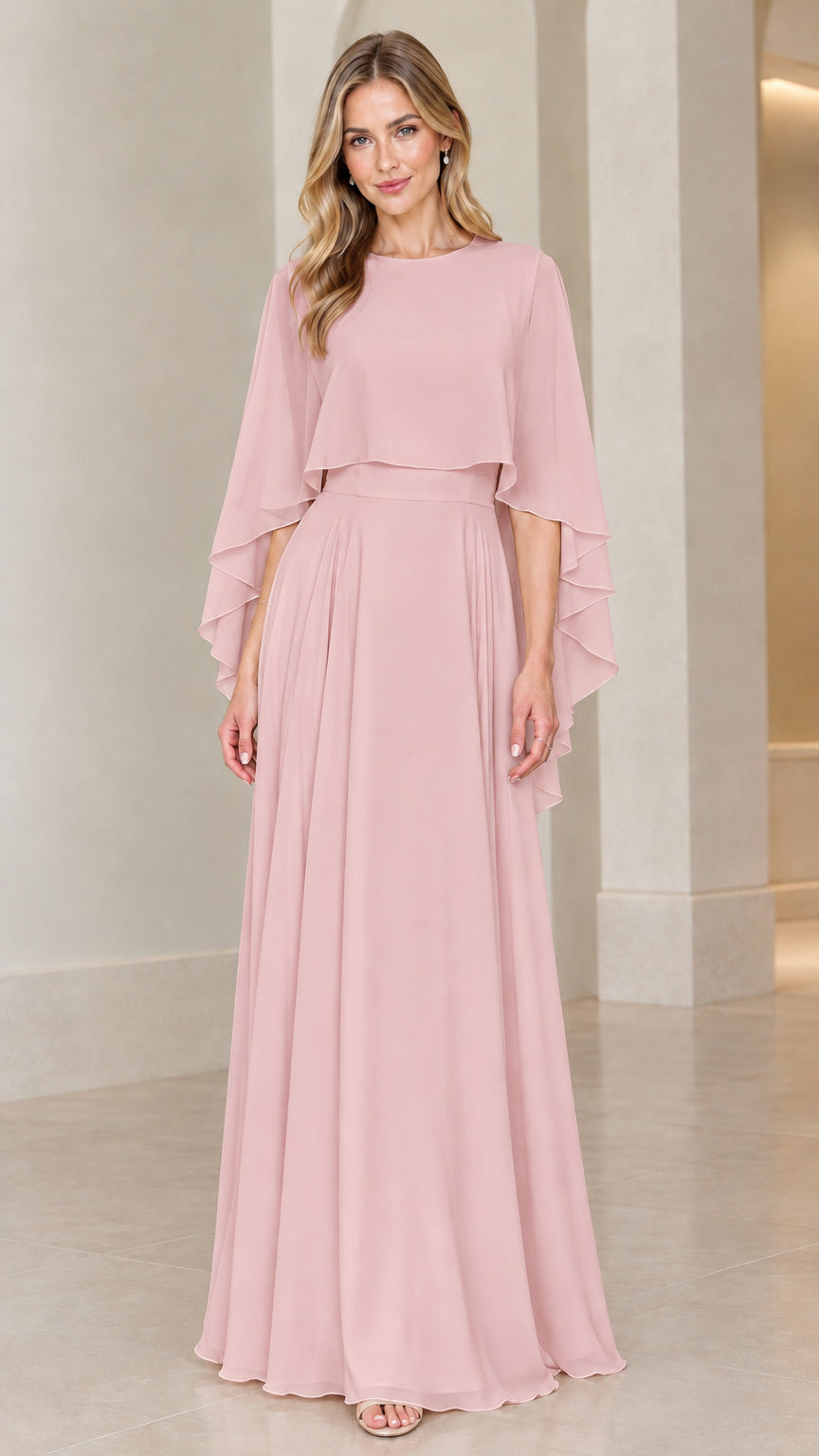 Front view of model wearing dusty pink chiffon capelet evening maxi dress