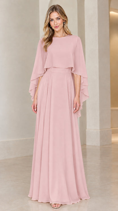 Front view of model wearing dusty pink chiffon capelet evening maxi dress